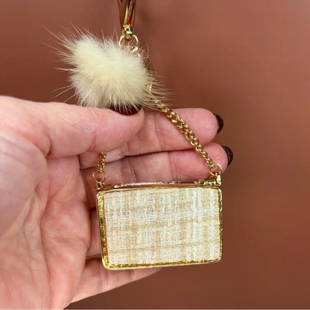 Chic Cream Tweed Mini Bag Keychain with Gold Chain and Pom